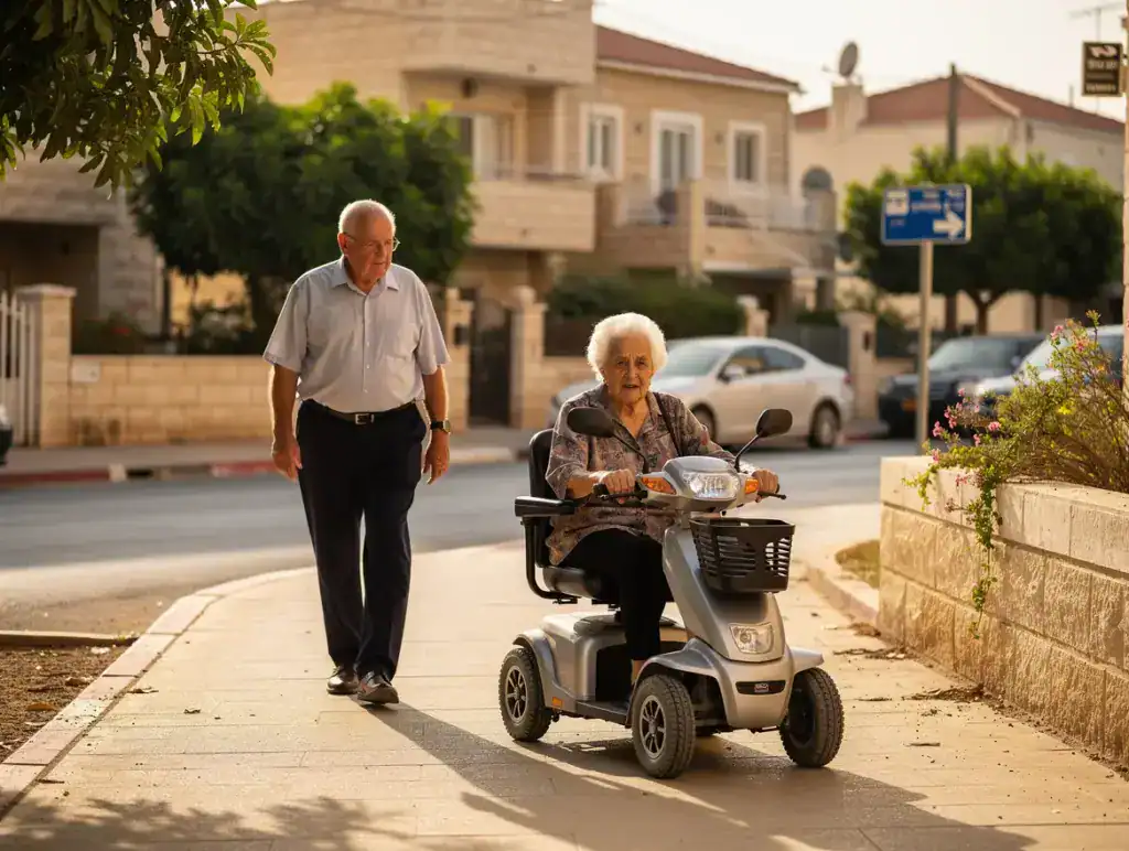 אדם מבוגר נוסע על קלנועית לצד בן משפחה בשכונה